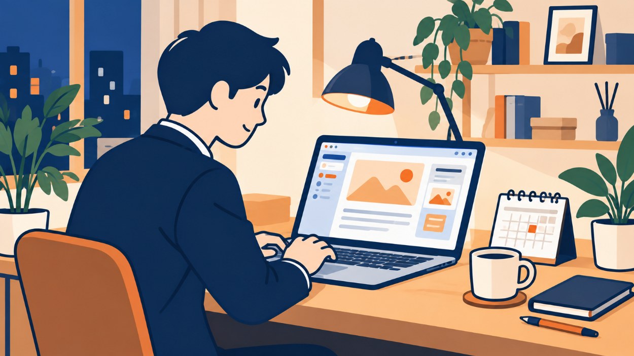 仕事帰りの会社員が自宅でノートパソコンを開いてWebの副業を始めるイラスト