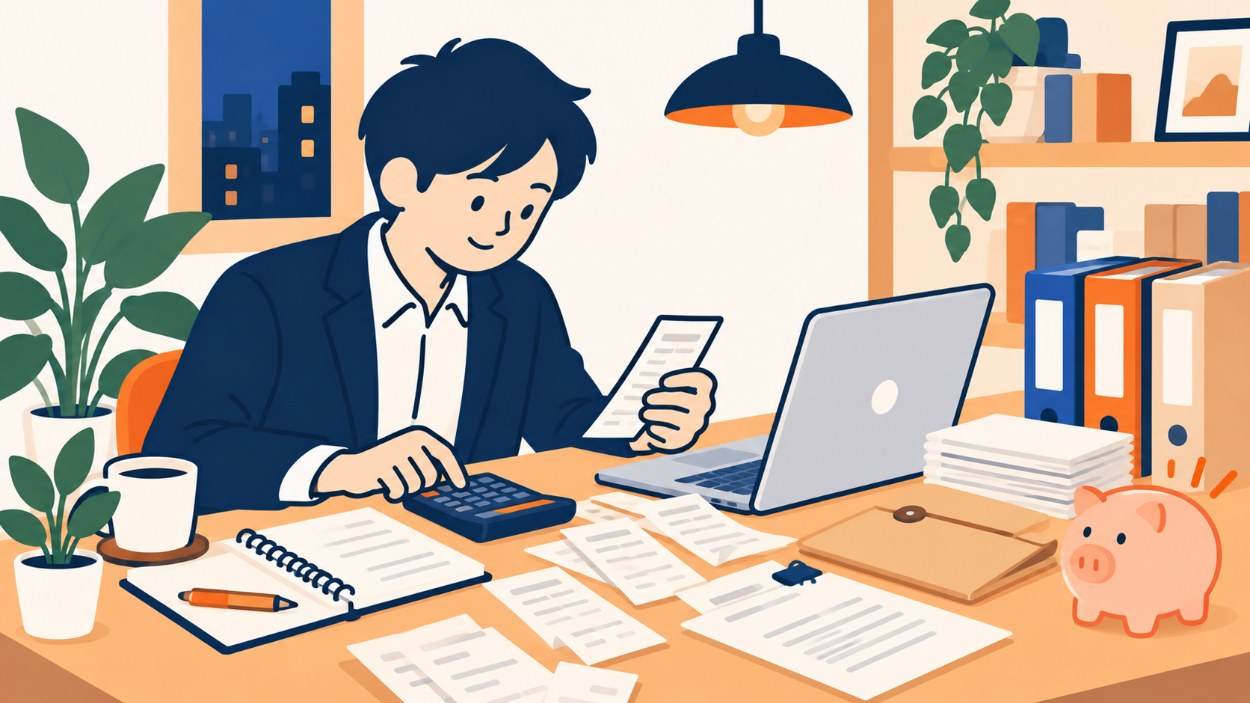 電卓と領収書で確定申告の準備をする会社員のイラスト
